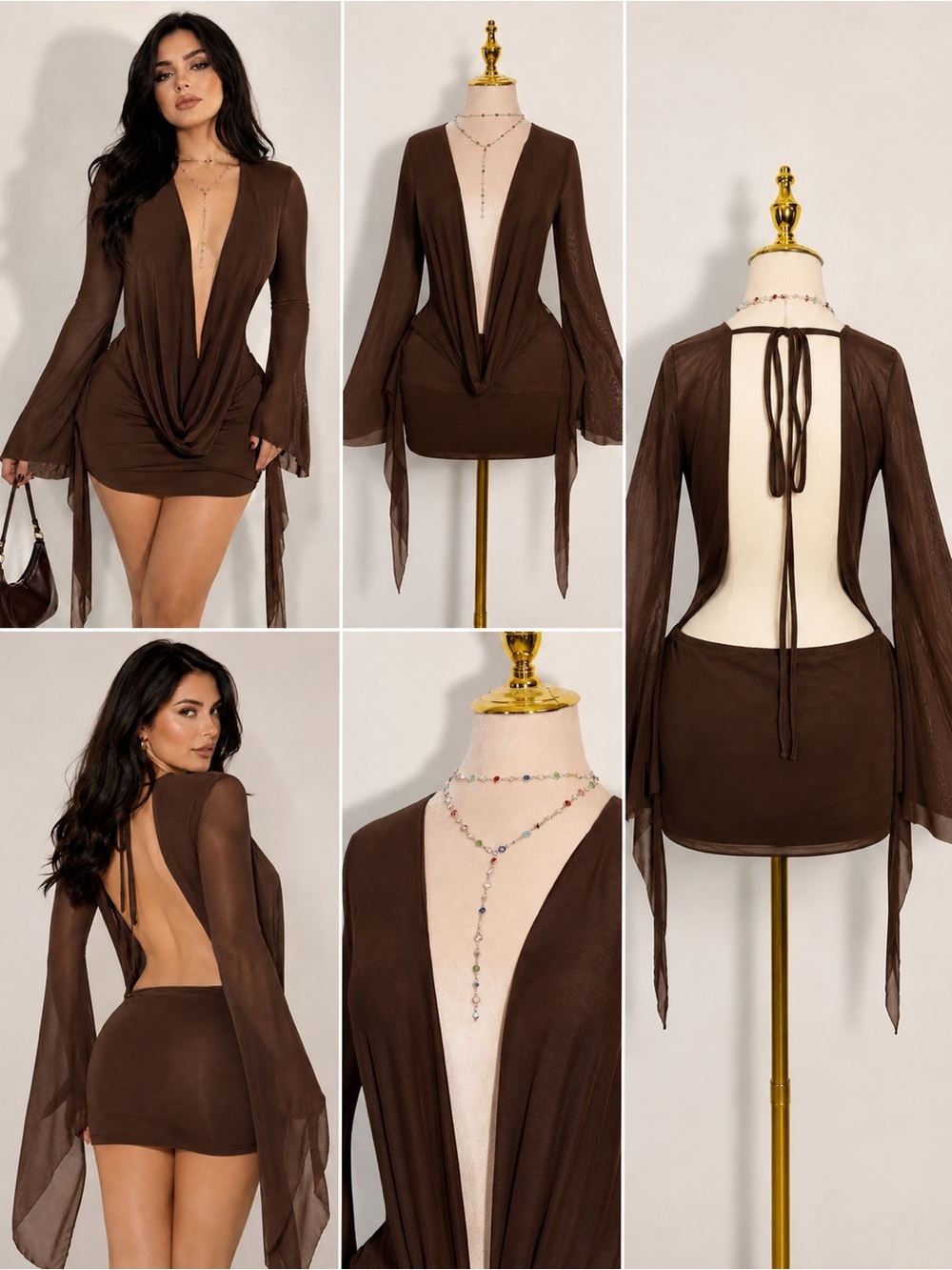 SHEIN | NWT Boho Brown Mesh Deep V-Neck Plunge Draped Cover Up Dress (size L)